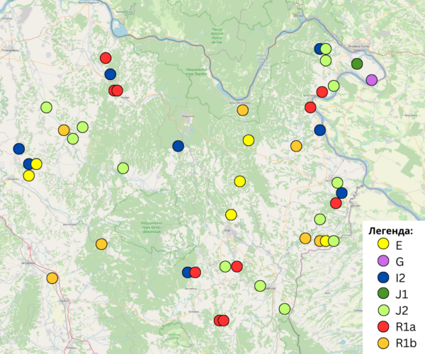 Географски распоред 46 тестираних по хаплогрупама